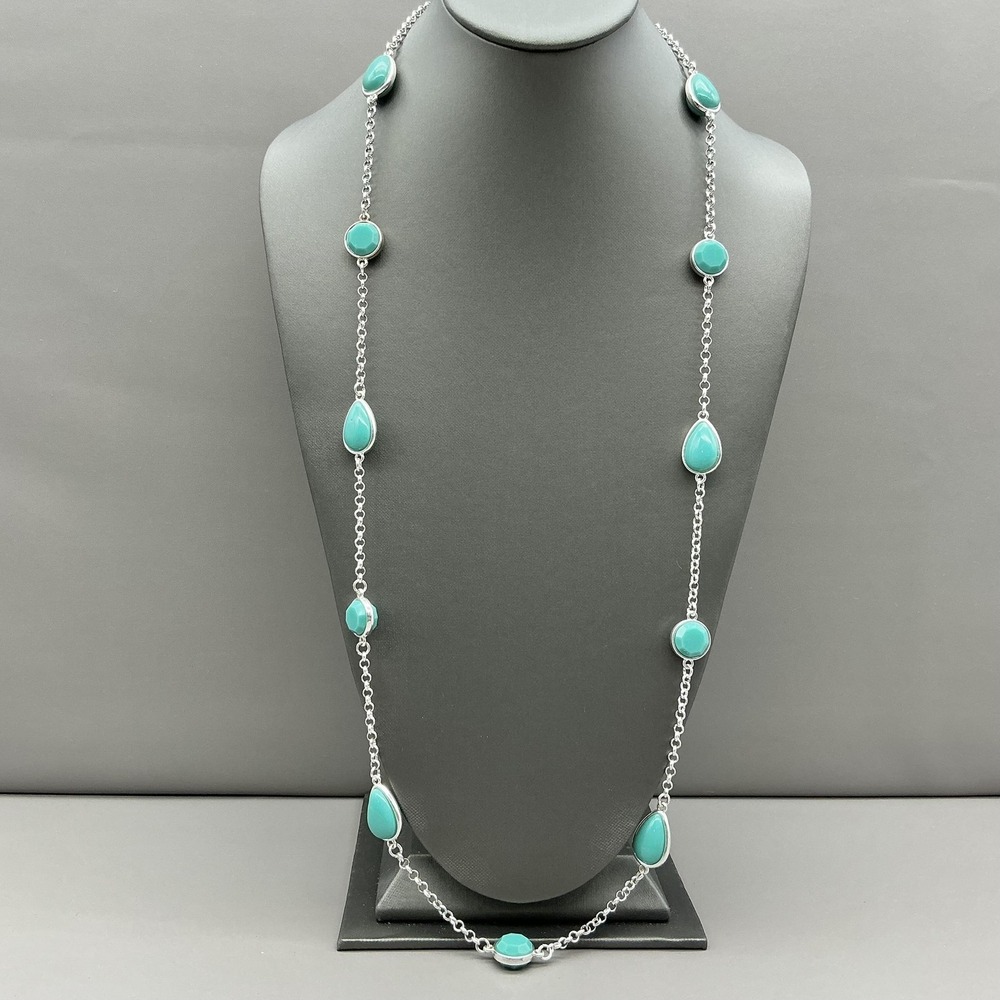 Liz Claiborne Necklace Silver Tone Turquoise Teardrop Station Womens 28 Inch